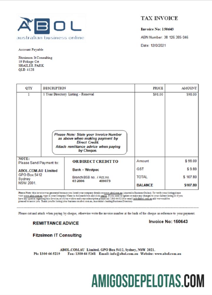 Fatura da empresa de consultoria de marketing ABOL da Austrália baixar para verificação